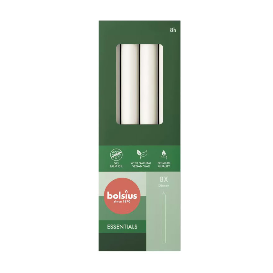 Набір циліндричних свічок Bolsius Essentials Хмарно-білий, 230*20 мм, 8 шт